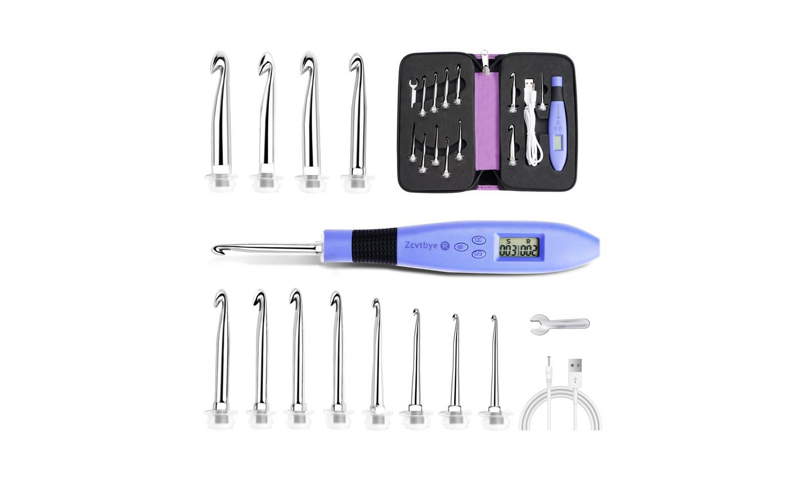 Zcvtbye Rechargeable Lighted Crochet Hook Set with Stitch Counter, 12 Interchangeable Metal Heads, Ergonomic Handle – Gift for Knitters