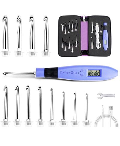 Zcvtbye Rechargeable Lighted Crochet Hook Set with Stitch Counter, 12 Interchangeable Metal Heads, Ergonomic Handle – Gift for Knitters