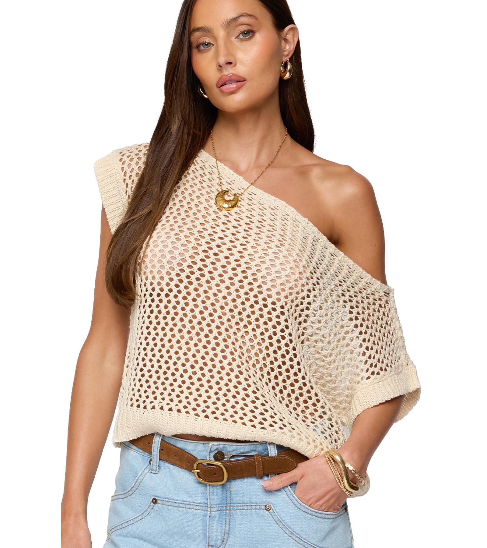 Edikted Womens Trix Off Shoulder Open Knit Top