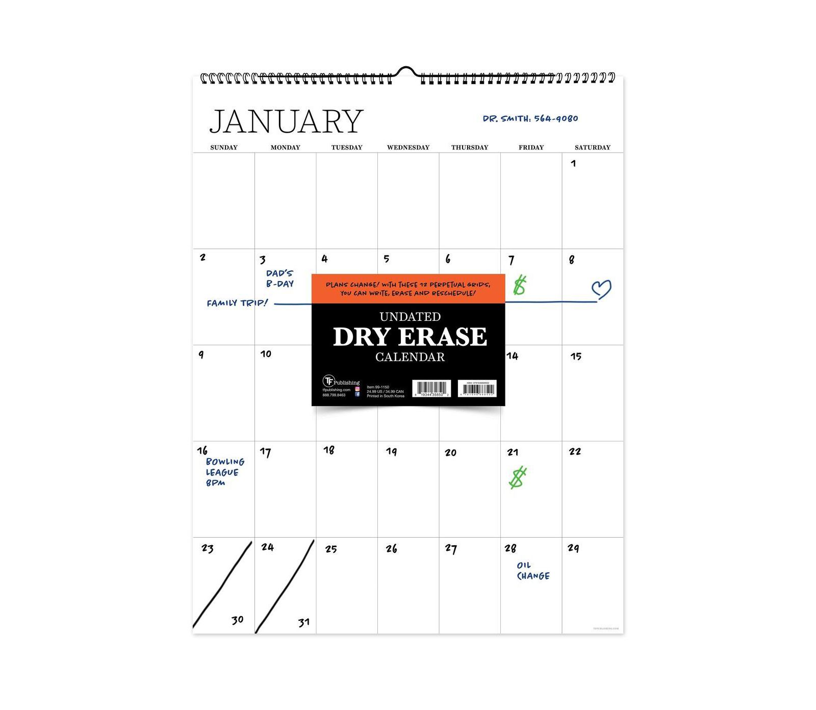Undated 17" x 22" Dry Erase Large Wire-o Hanging Vertical Wall Calendar