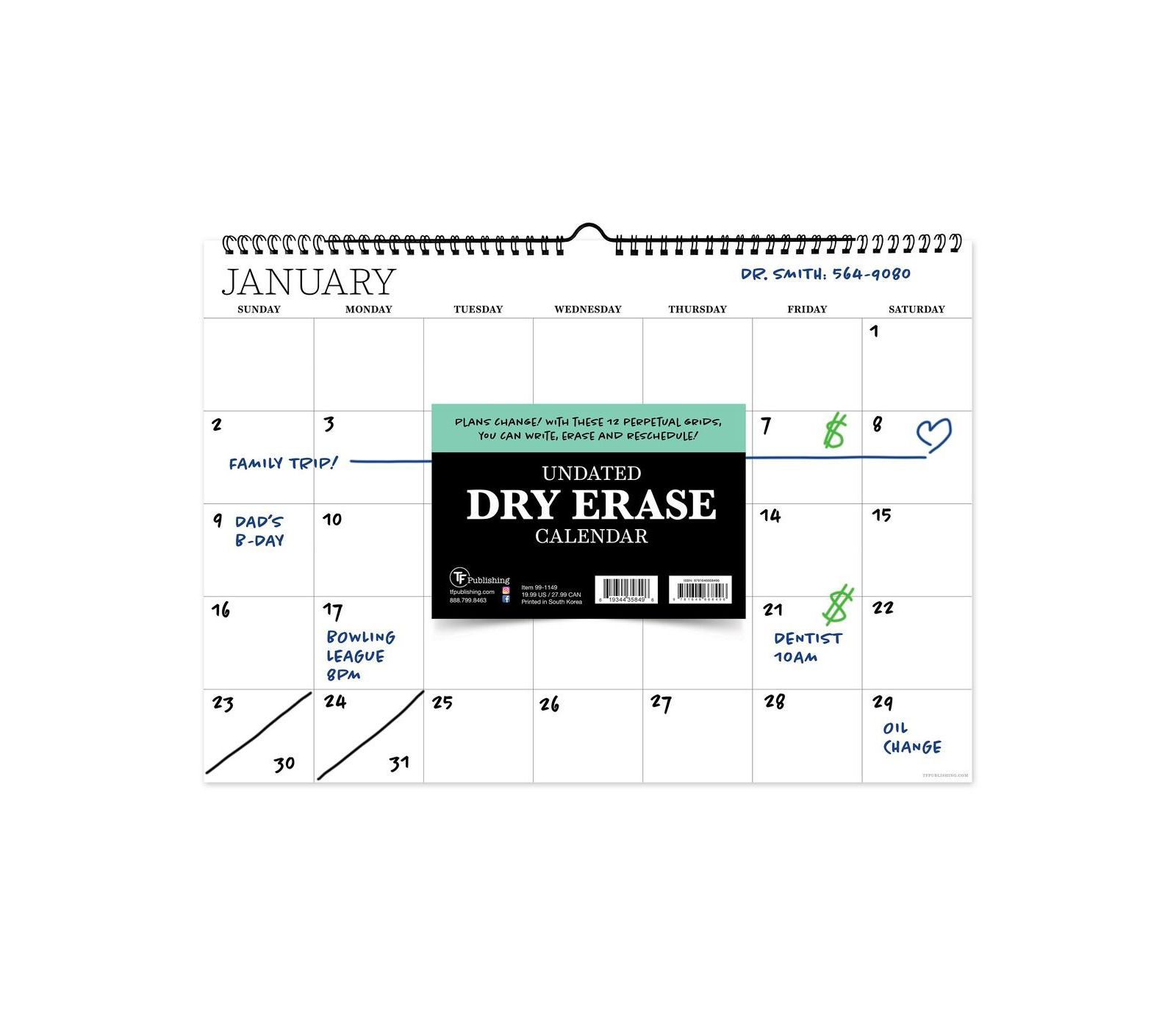 Undated 17" x 12" Dry Erase Medium Wire-o Hanging Horizontal Wall Calendar