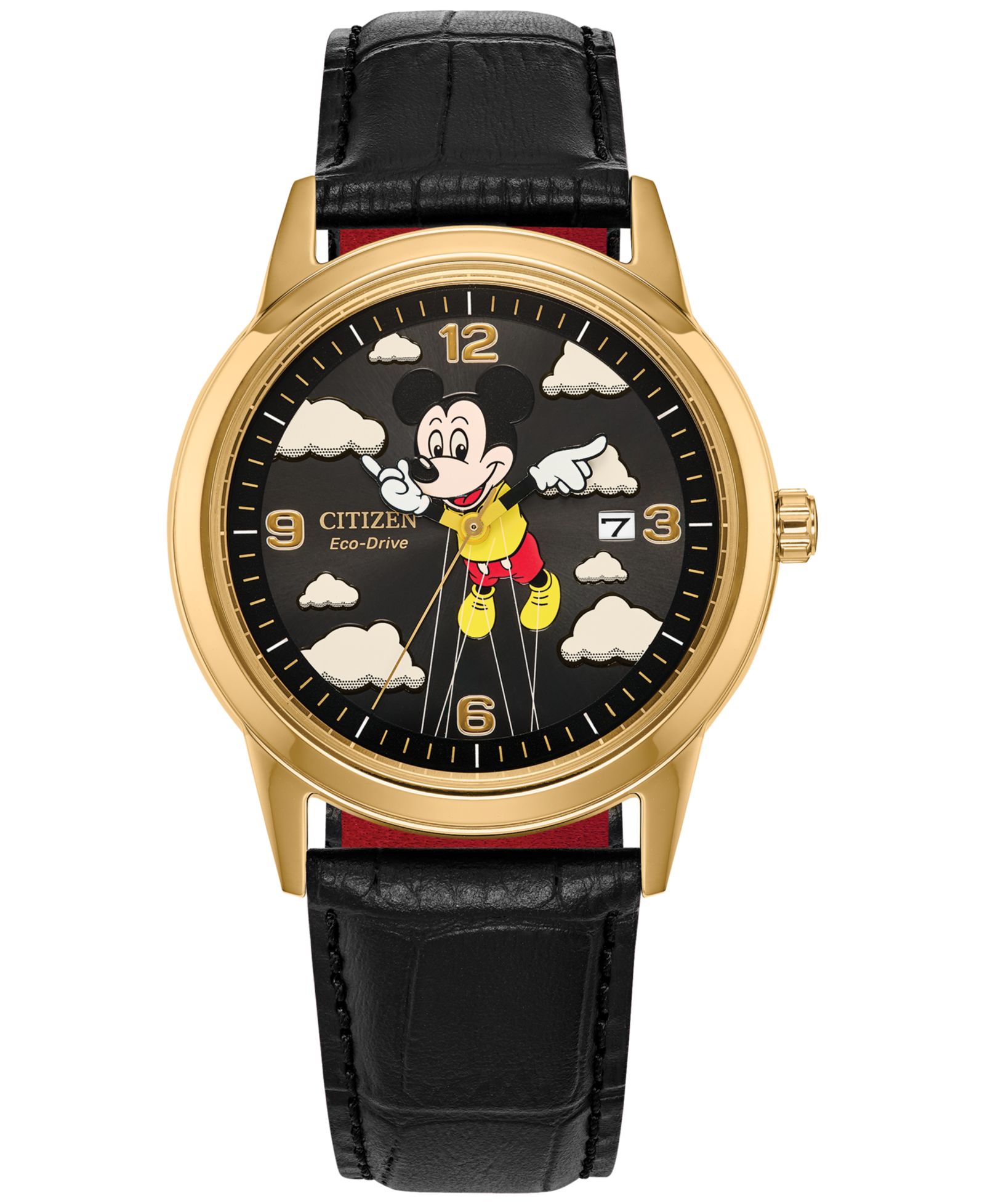 Citizen Disney | Macy's Unisex Mickey Mouse Parade Balloon Black Leather Strap Watch 40mm, Created for Macy's