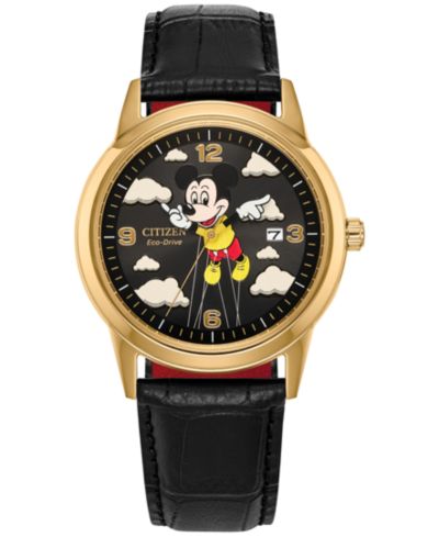Citizen Disney | Macy's Unisex Mickey Mouse Parade Balloon Black Leather Strap Watch 40mm, Created for Macy's