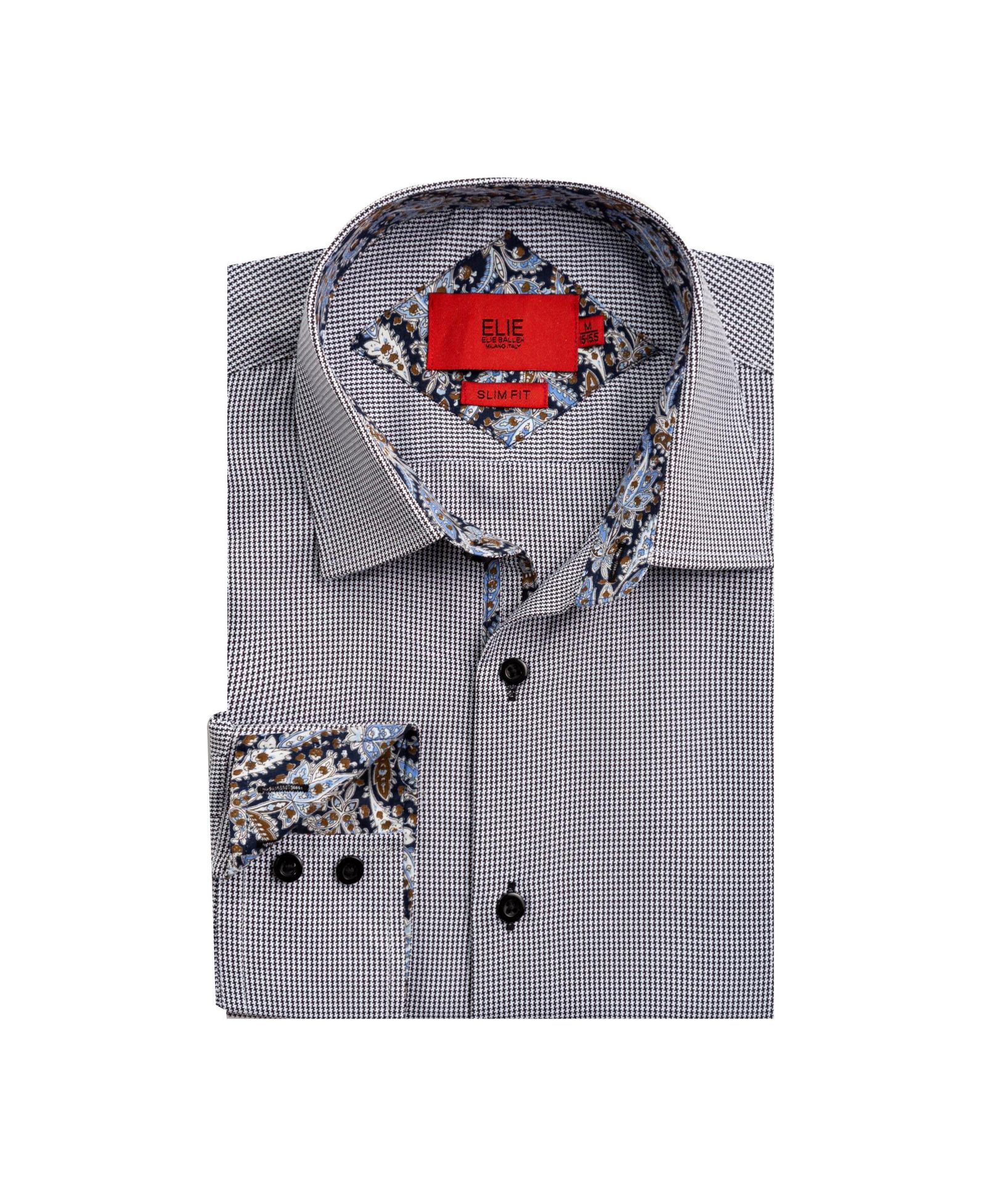 Elie Balleh Big Boys Black Slim Fit Houndstooth Dress Button-Down Shirt