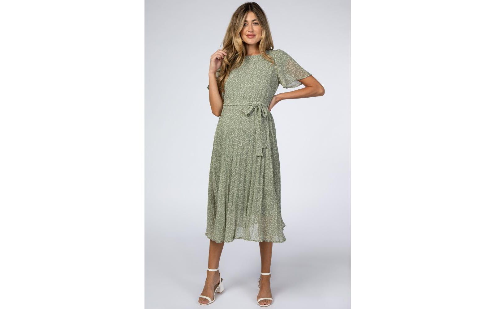 Pinkblush Женский Light Olive Leaf Print Pleated Midi Dress
