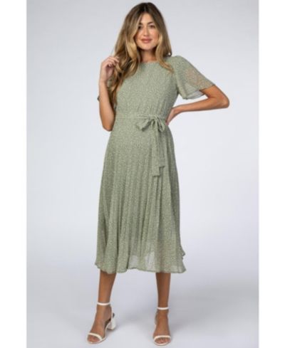 Pinkblush Женский Light Olive Leaf Print Pleated Midi Dress