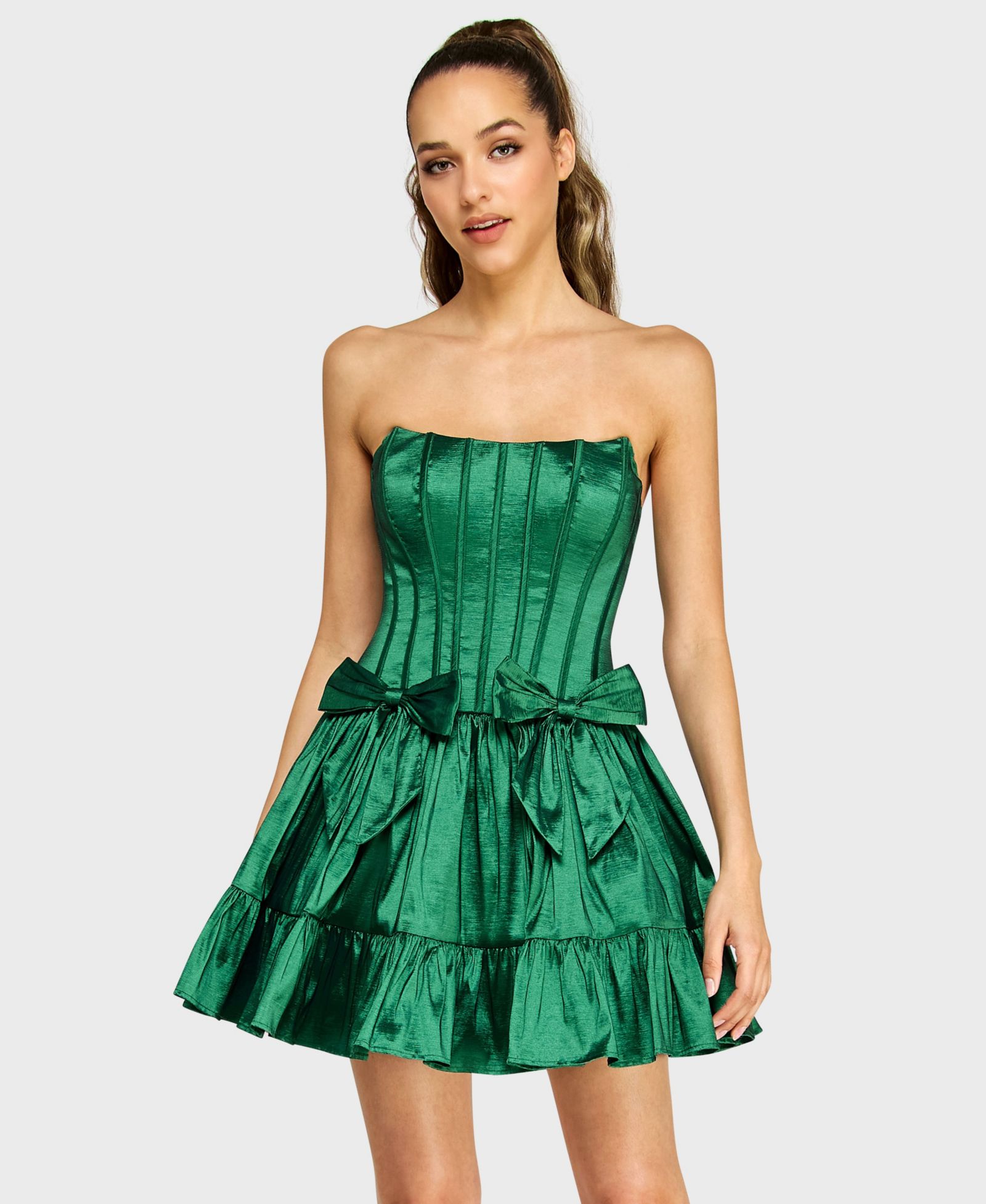 Alex & Sophia Juniors' Corseted Sleeveless Taffeta Fit & Flare Bow Detail Mini Dress