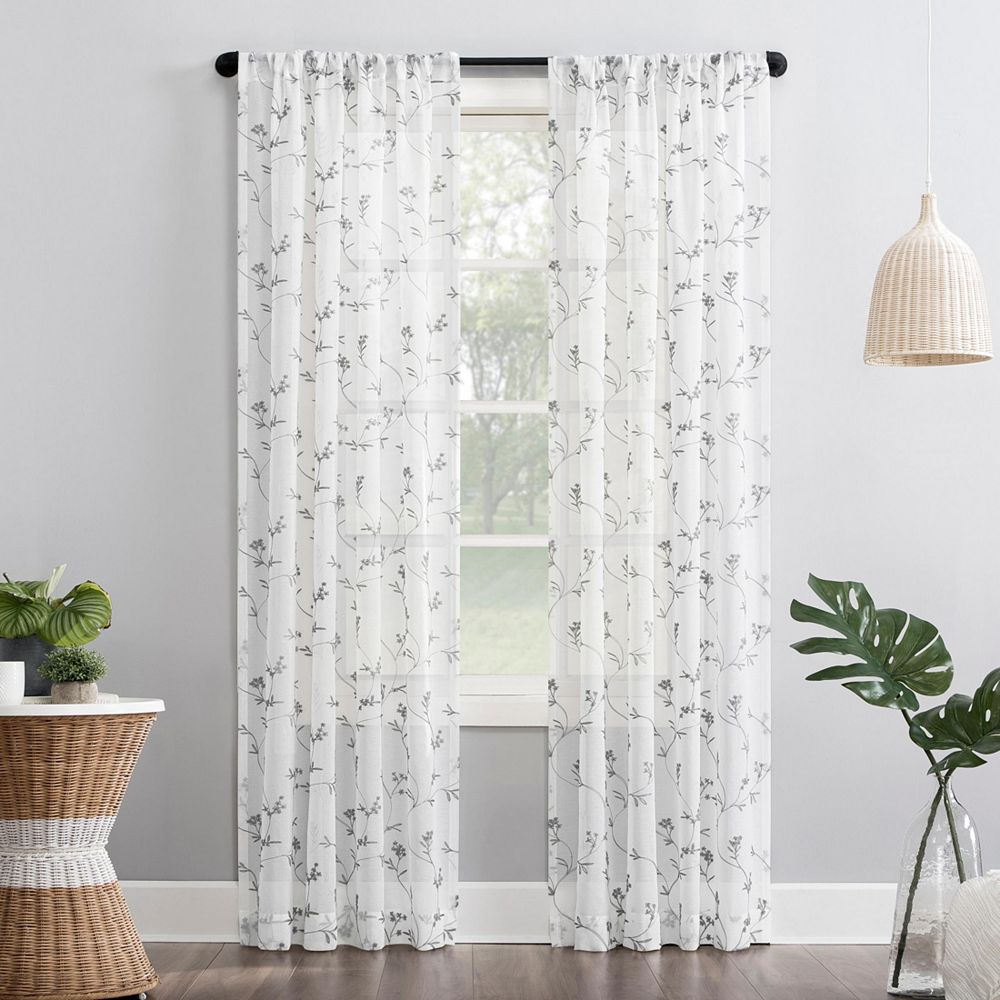 Delia Embroidered Floral Sheer Rod Pocket Curtain Panel