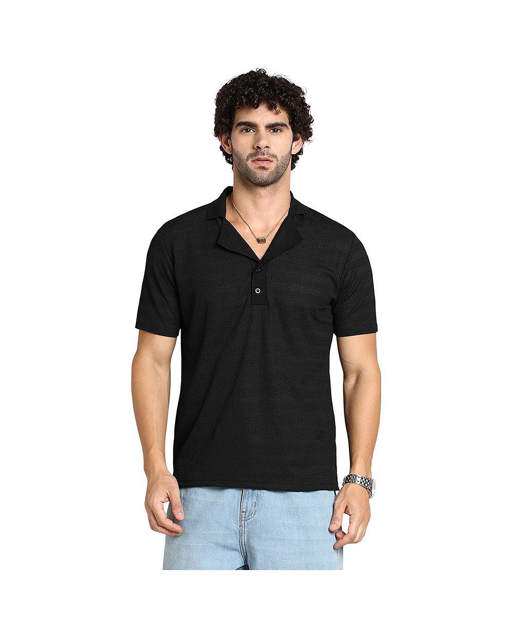 Campus Sutra Men's Onyx Black Panel-Tactile Cuban Polo T-Shirt