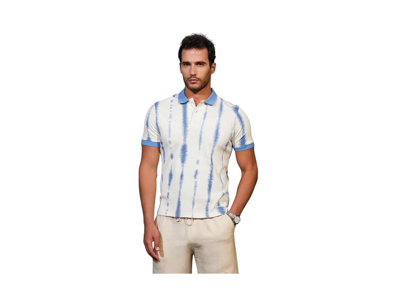 Campus Sutra Men's Powder Blue and Daisy White Tie-Dye Tactile Polo T-Shirt