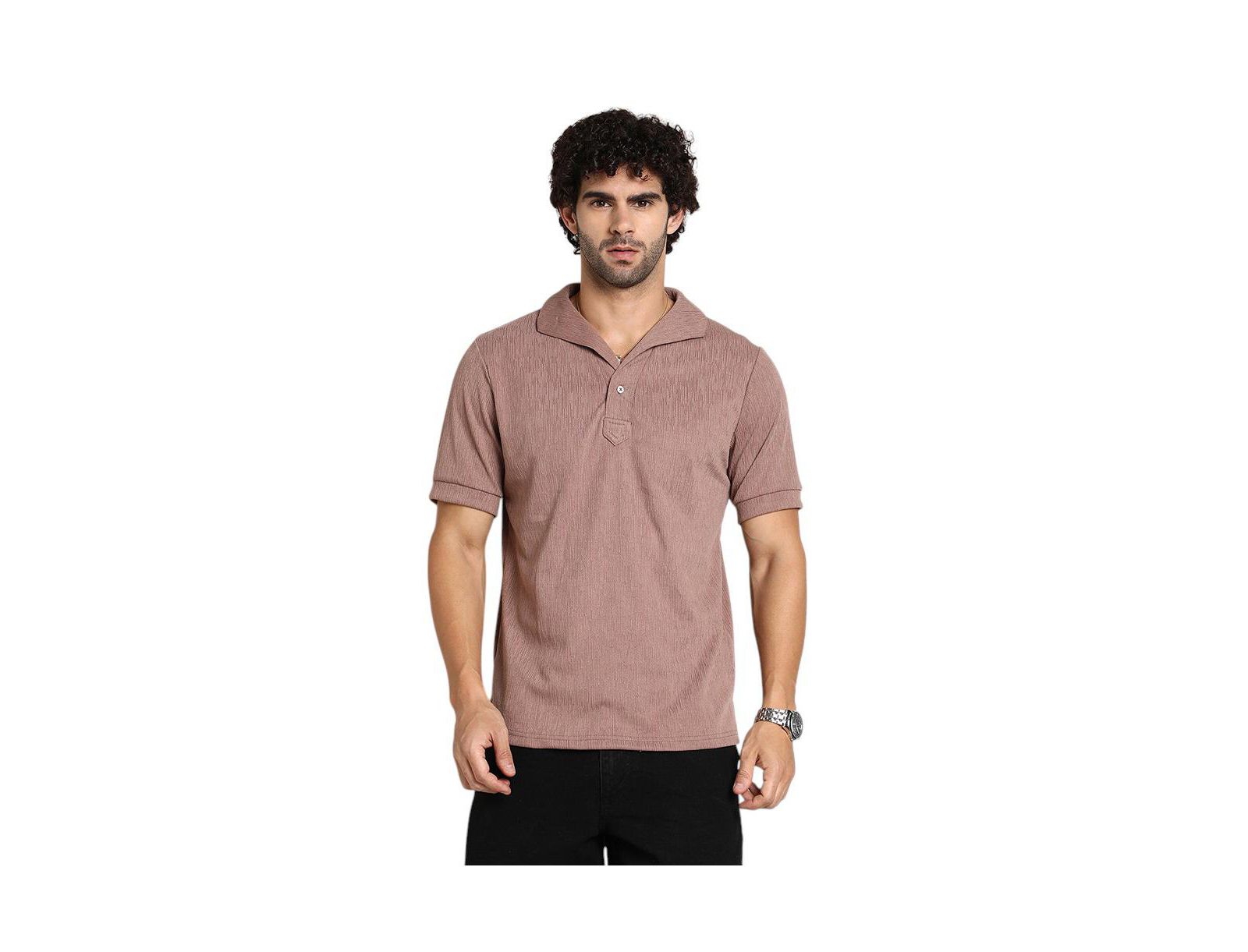 Campus Sutra Men's Pastel Brown Tactitle Spread-Polo T-Shirt