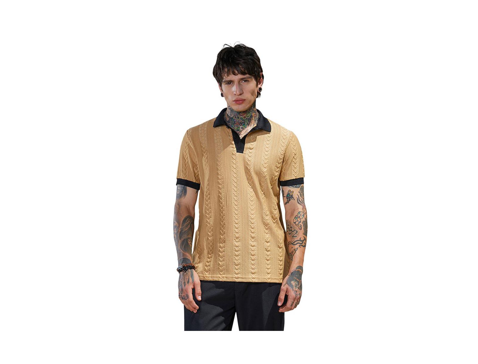 Campus Sutra Men's Buff Beige and Obsidian Black Arc-Tactile Polo T-Shirt