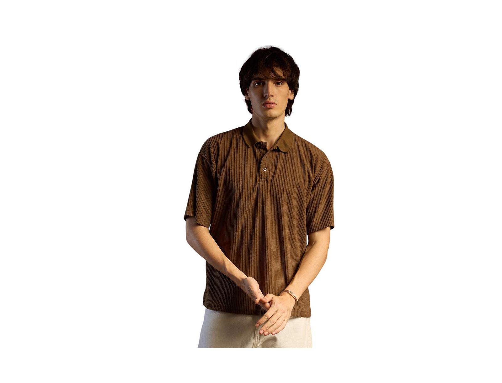 Campus Sutra Men's Chocolate Brown Ribbed Oversized Polo T-Shirt