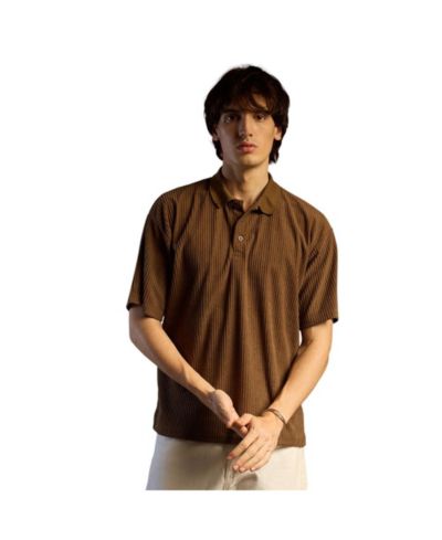Campus Sutra Men's Chocolate Brown Ribbed Oversized Polo T-Shirt