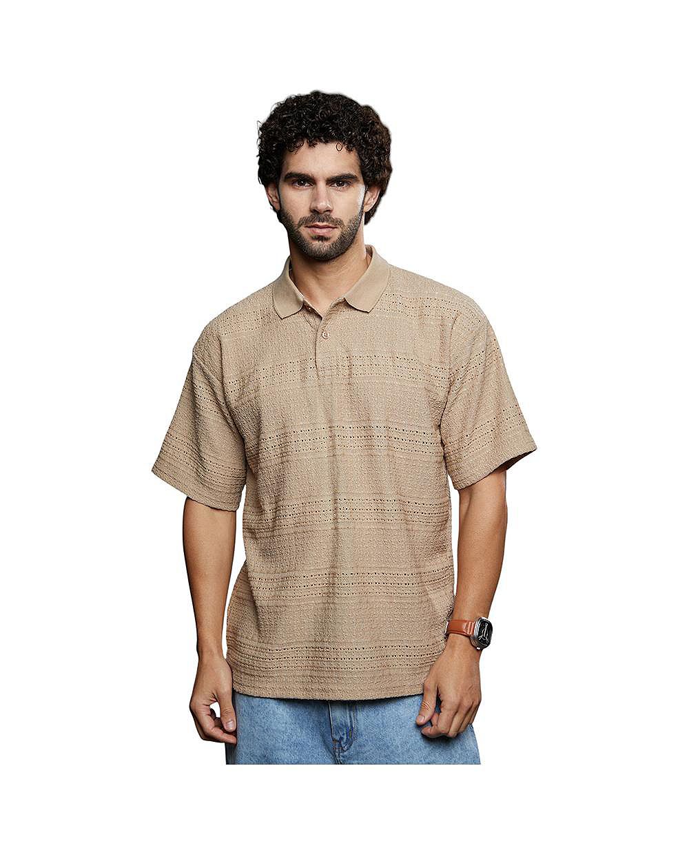 Campus Sutra Men's Buff Beige Bohomian Oversized Polo T-Shirt