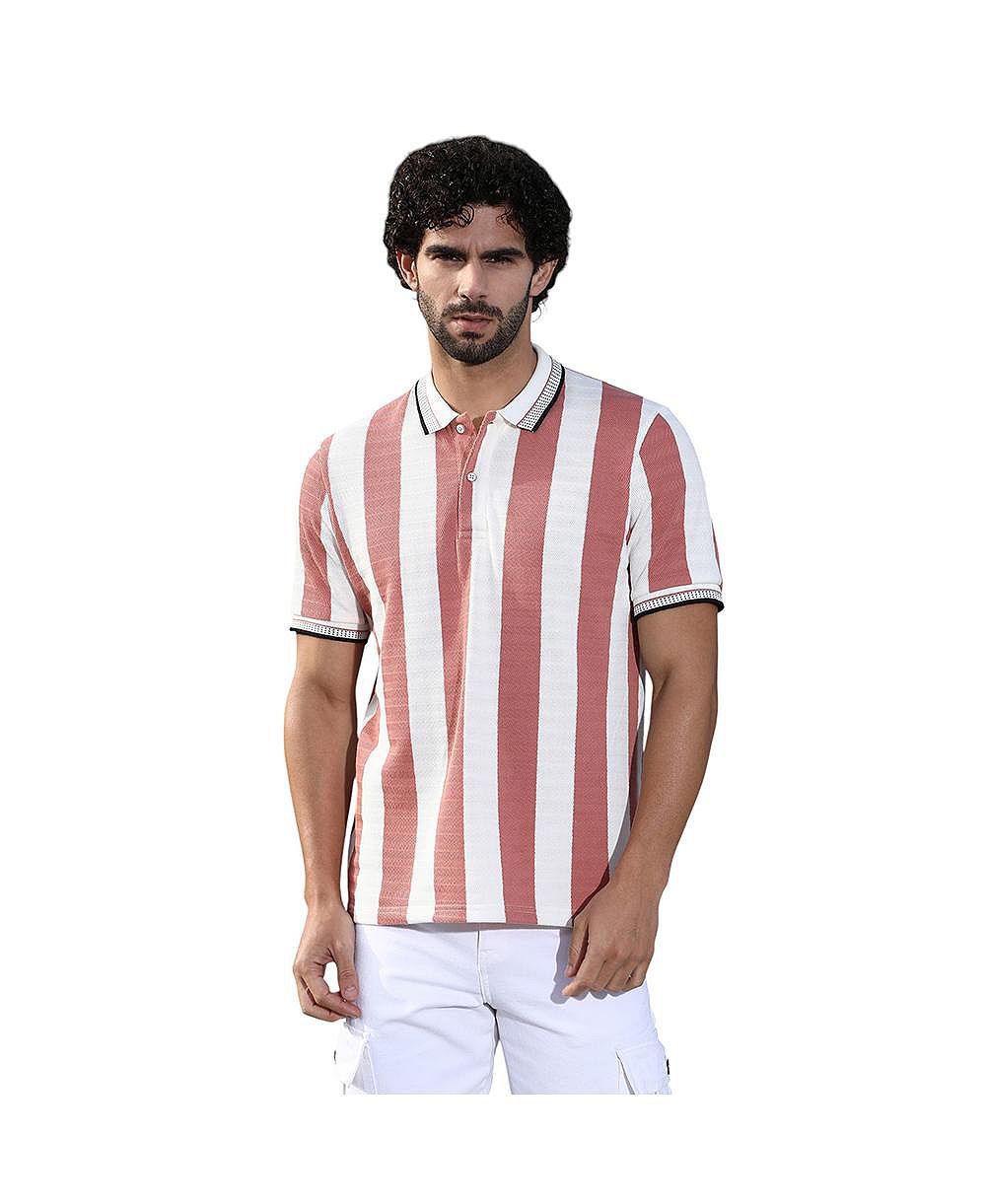 Campus Sutra Men's Nude Pink and Cream White Awning-Striped Polo T-Shirt