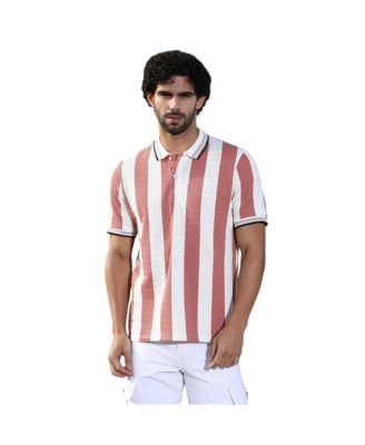 Campus Sutra Men's Nude Pink and Cream White Awning-Striped Polo T-Shirt