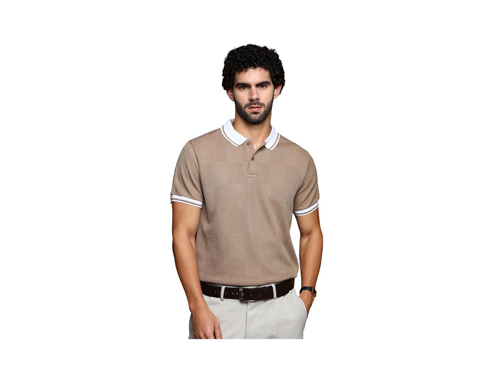 Campus Sutra Men's Sand Beige Cuboid-Stripe Polo T-Shirt