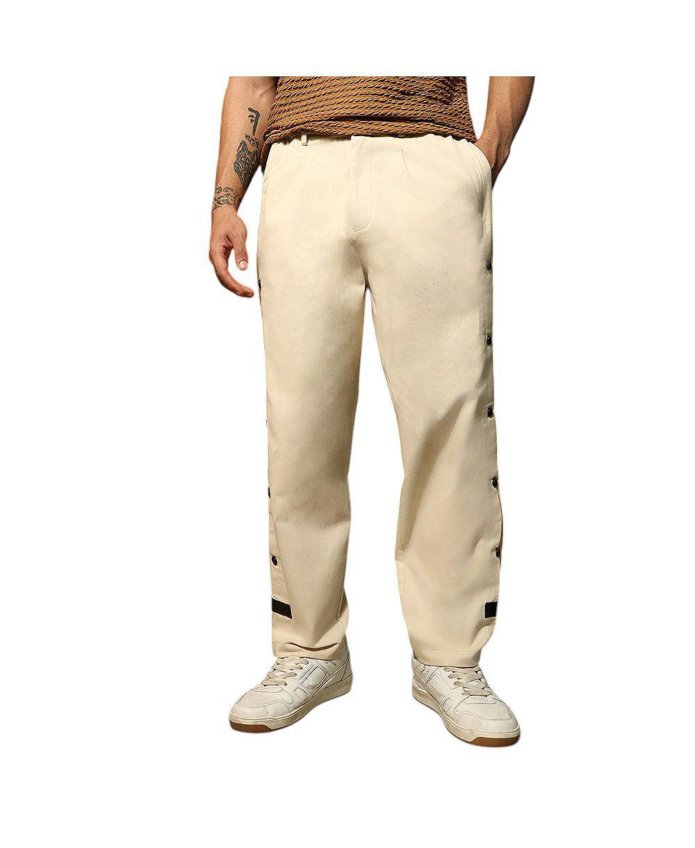 Campus Sutra Men's Off-White Side-Snap Straight Trousers
