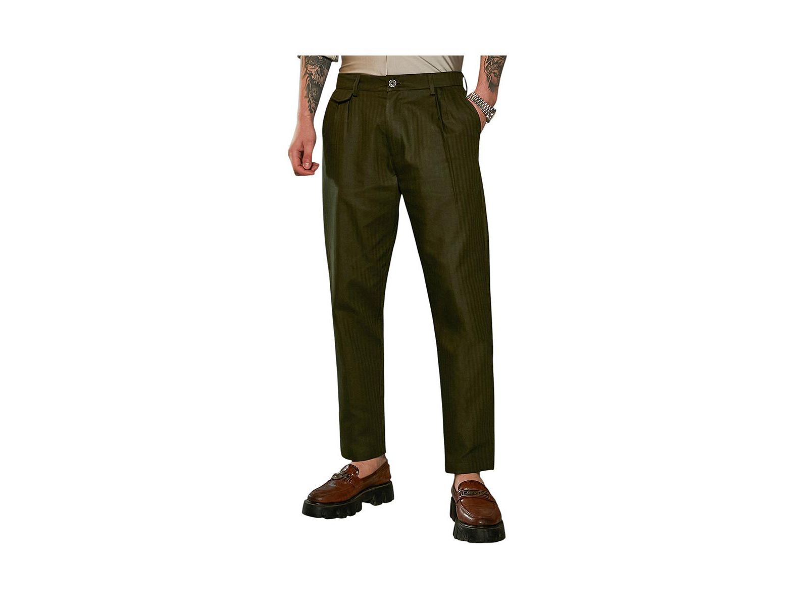 Campus Sutra Men's Juniper Green Striped Tailored Trousers