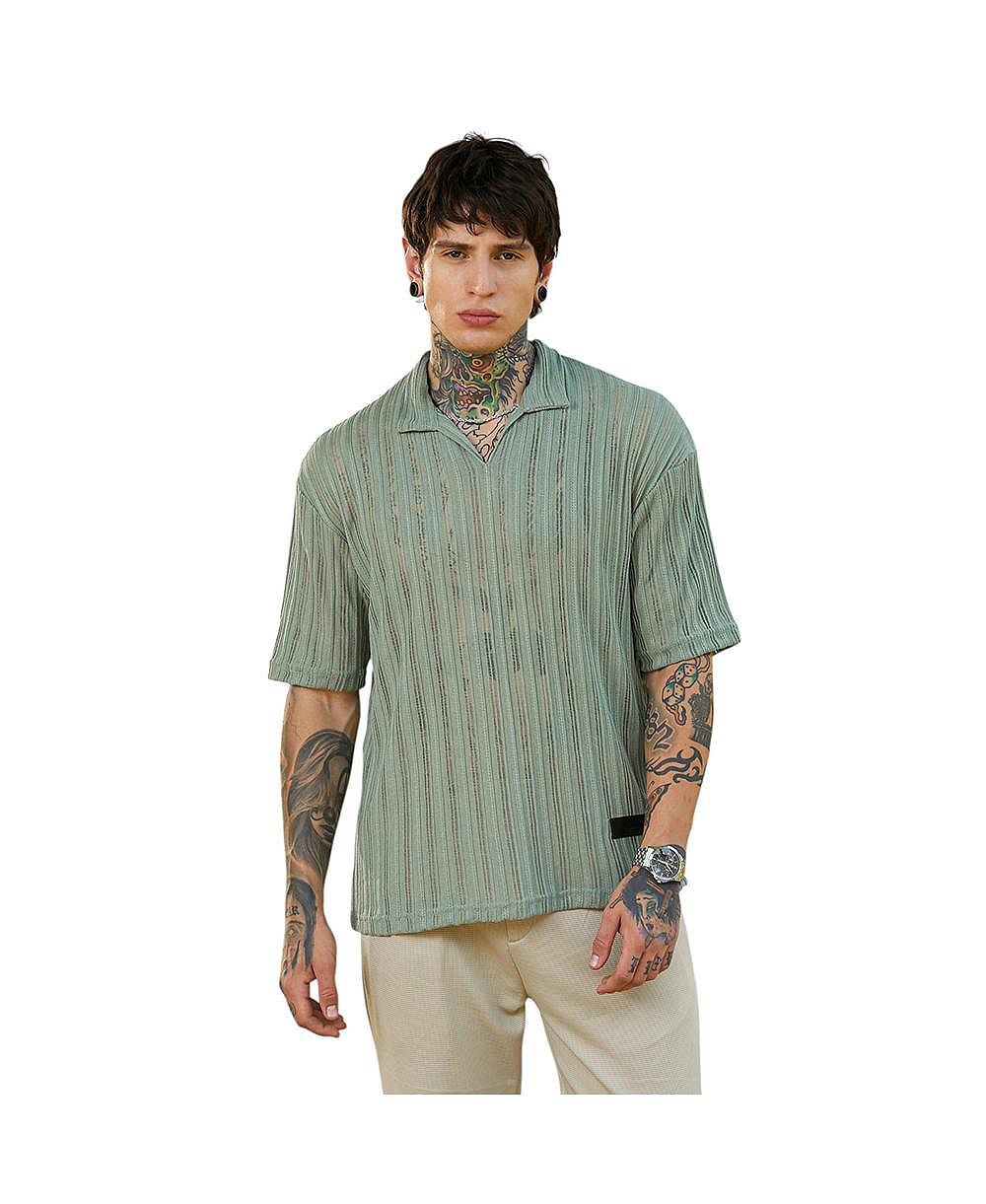 Campus Sutra Men's Sage Green Duo-Striped Relaxed Polo T-Shirt
