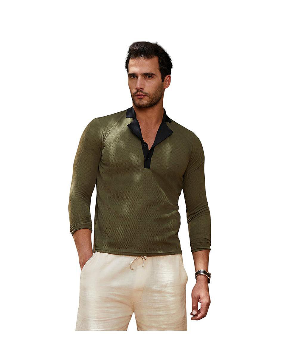 Campus Sutra Men's Olive Green Obsidian Black Textured Cuban Polo T-Shirt