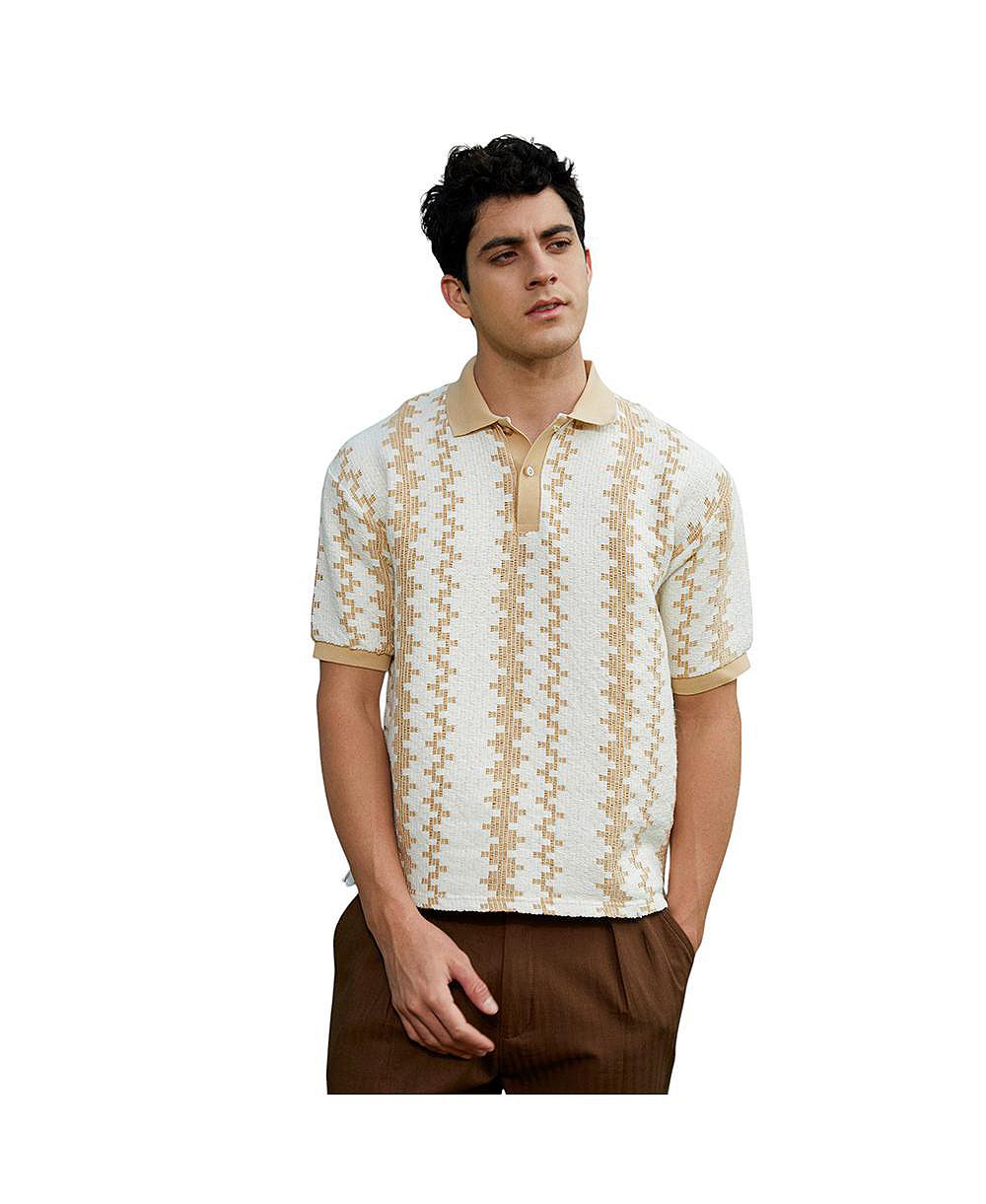 Campus Sutra Men's Buff Beige & Cream White Indie-Block Polo T-Shirt