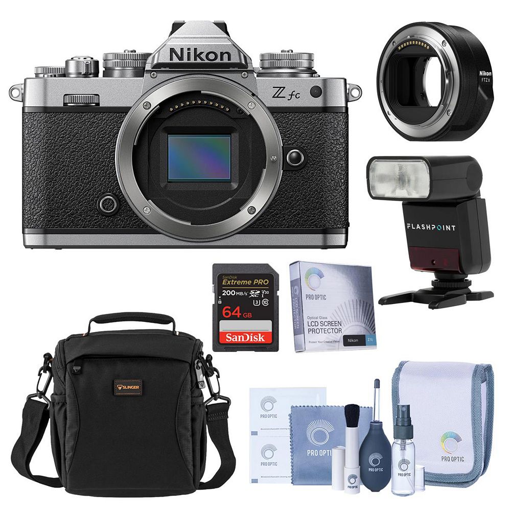 Беззеркальная камера Nikon Z fc формата DX, серебристая, комплект с адаптером крепления FTZ II, вспышкой Zoom-Mini TTL R2, картой памяти 64 ГБ и сумкой