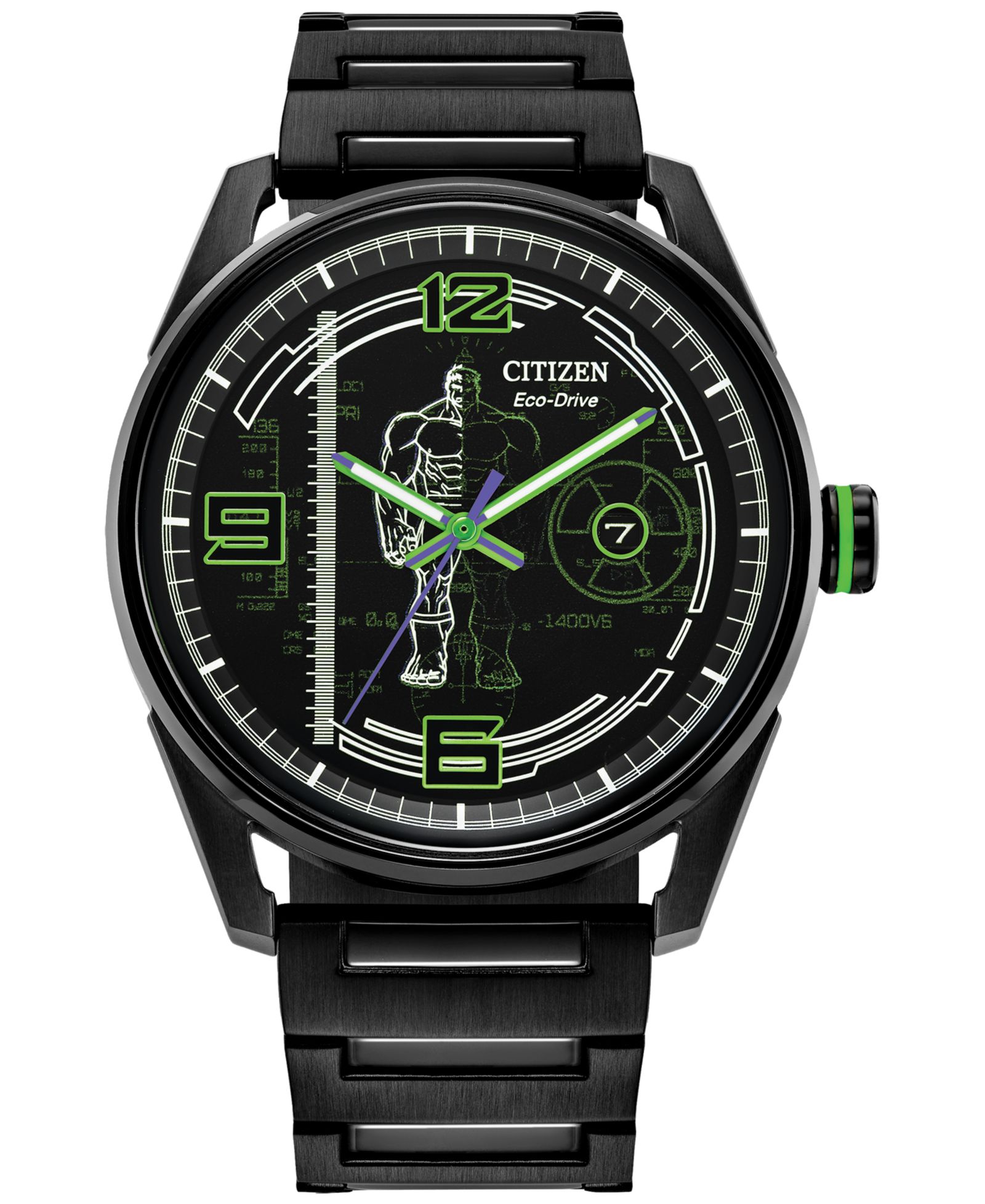 Citizen Eco-Drive Мужские часы Marvel Hulk Green Goliath Black-Tone Stainless Steel Bracelet Watch 42mm