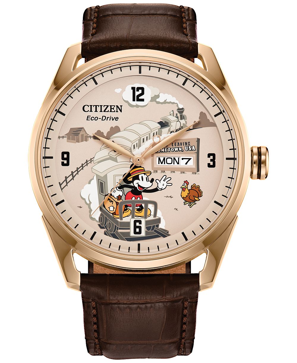 Мужские часы Citizen Eco-Drive Disney Mickey Mouse, коричневый кожаный ремешок, 42mm