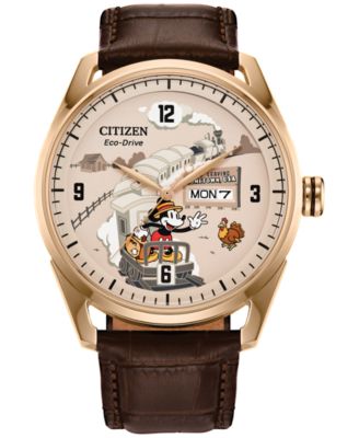 Мужские часы Citizen Eco-Drive Disney Mickey Mouse, коричневый кожаный ремешок, 42mm