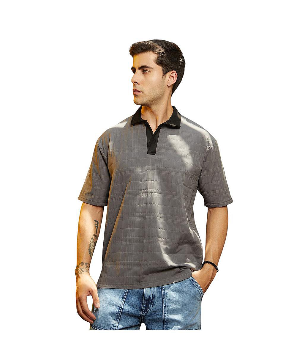 Campus Sutra Men's Moon Grey and Onyx Black Contrast Grid Polo T-Shirt