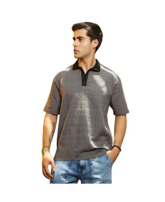 Campus Sutra Men's Moon Grey and Onyx Black Contrast Grid Polo T-Shirt
