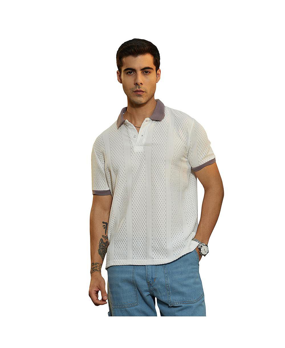 Campus Sutra Men's Chalk White and Pastel Purple Contrast Open-Knit Polo T-Shirt