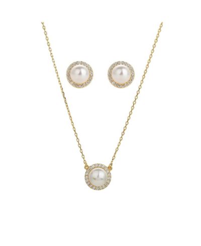 Sterling Plated Eleanor Single Cultured Pearl Necklace & Stud Earrings Set