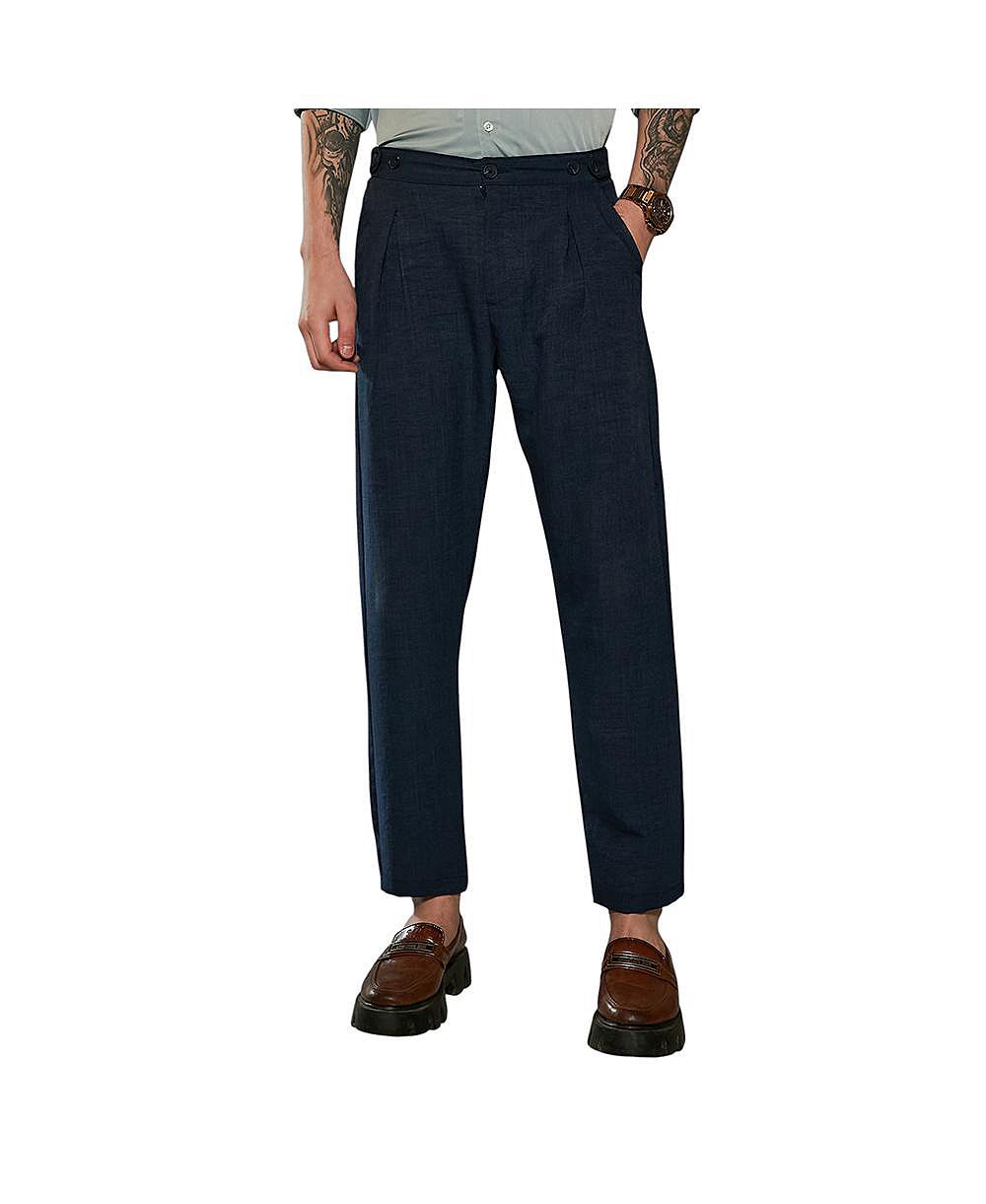 Campus Sutra Men's Prussian Blue Pleated Tailored Trousers