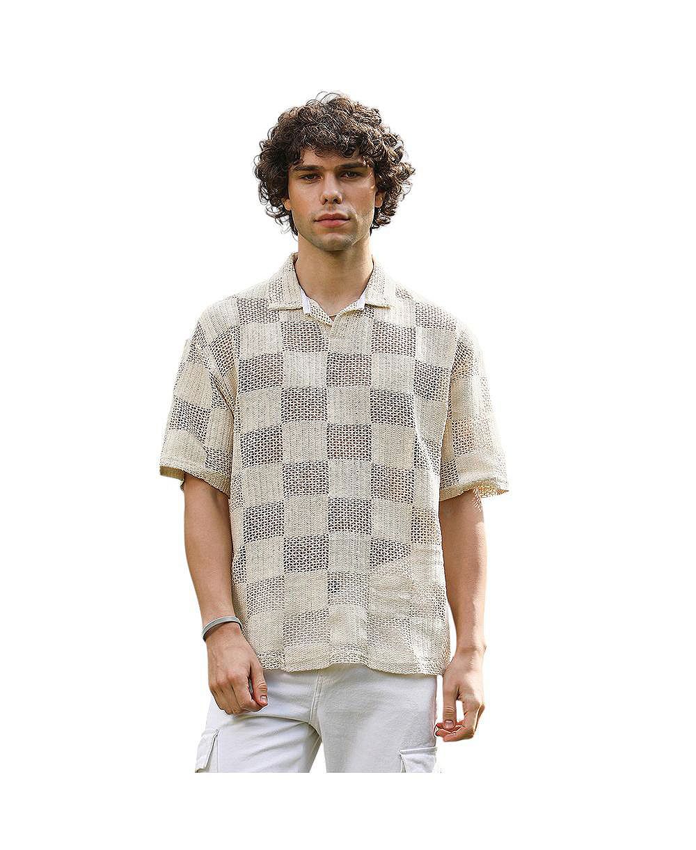 Campus Sutra Men's Off-White Grid Oversized Polo T-Shirt