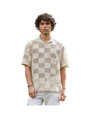 Campus Sutra Men's Off-White Grid Oversized Polo T-Shirt
