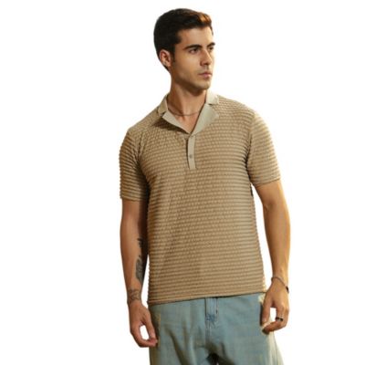 Campus Sutra Men's Ash Brown Crease-Tactile Cuban Polo T-Shirt