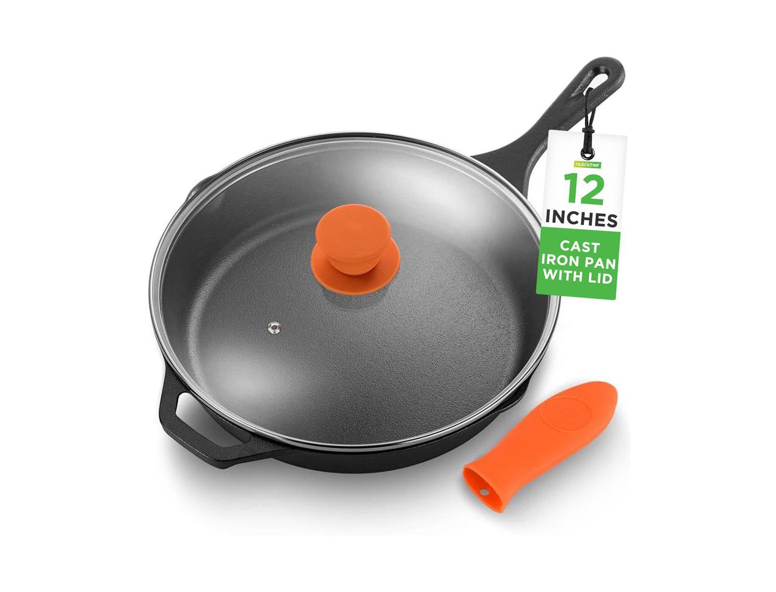 NutriChef 12'' Pre-Seasoned Cast Iron Pan with Glass Lid & Silicone Handle NCCI12 - Gray Iron