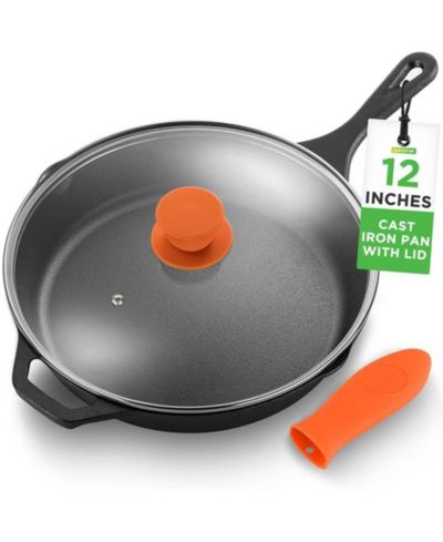 NutriChef Сковорода из чугуна с крышкой и силиконовой ручкой NCCI12, Gray Iron