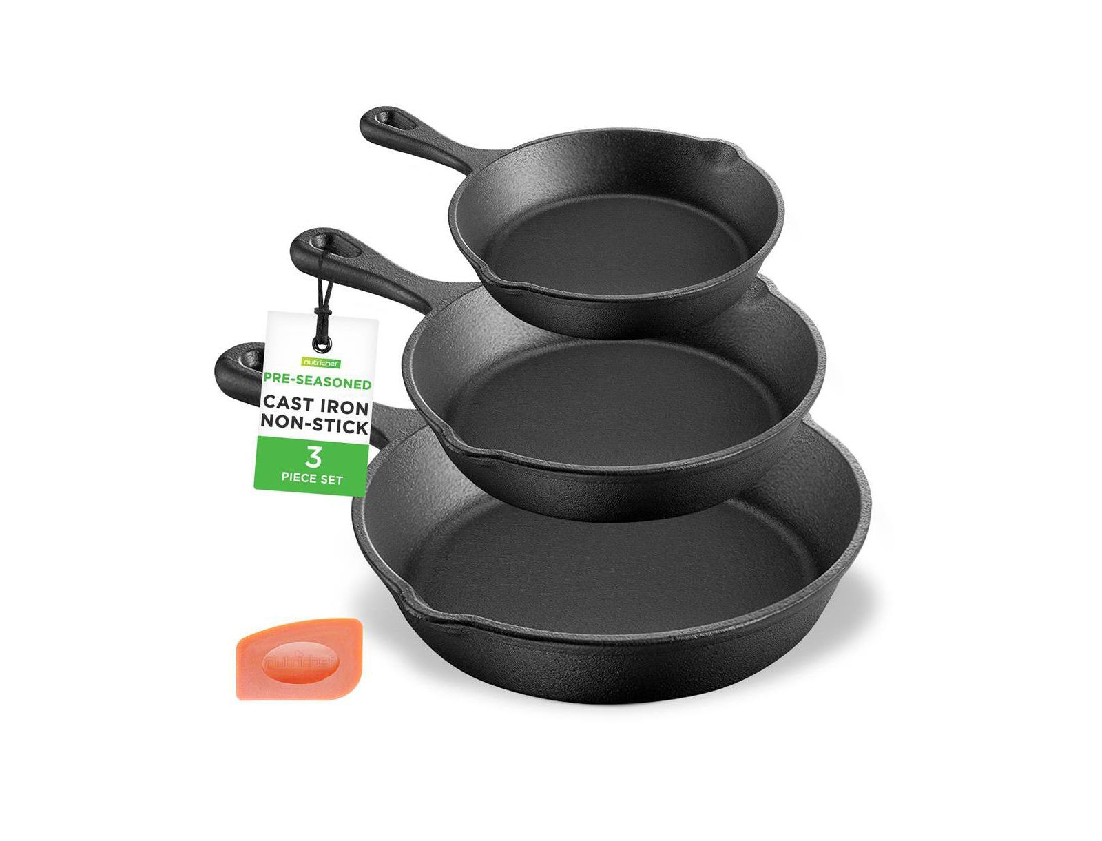 NutriChef Cast Iron Skillet 3 Pieces Set - 6'' 8'' 10'' - Pre-Seasoned Cooking Pans