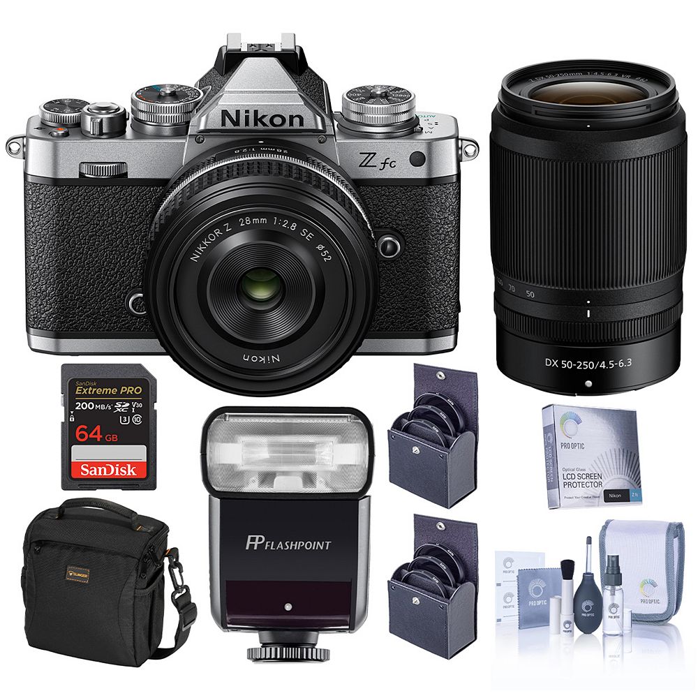 Nikon Z fc DX-Format Mirrorless Camera, Silver, with 28mm f/2.8 and 50-250mm f/4.5-6.3 Lens, Bundle with Zoom-Mini TTL R2 Flash, 64GB Memory Card, Bag, 62mm and 52mm Filter Kit