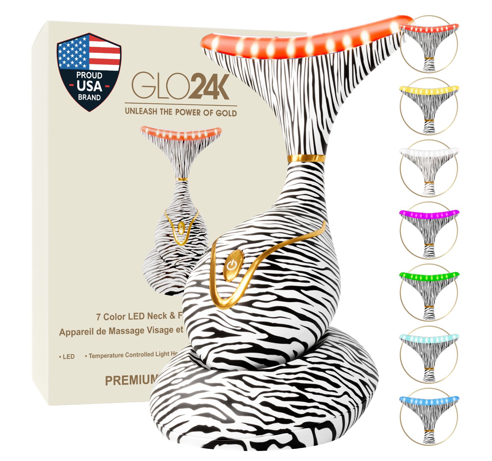 Массажер для шеи и лица GLO24K Deluxe (Zebra), 7 Color LED