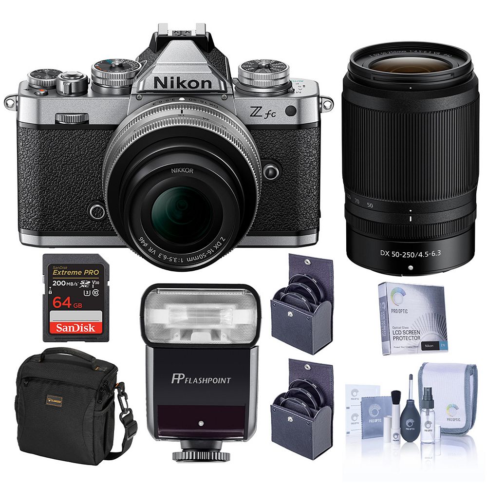 Nikon Z fc DX-Format Mirrorless Camera with 16-50mm f/3.5-6.3 Lens, Silver and 50-250mm f/4.5-6.3 Lens, Bundle with Zoom-Mini TTL R2 Flash, 64GB Memory Card, Bag, 62mm and 46mm Filter Kit