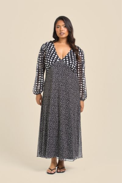 FASHION-SZN CURVE Women's Long Sleeved Polka Dot Midi Dress