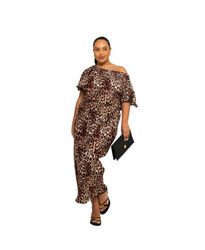 FASHION-SZN CURVE Women's Bold Leopard Plisse Midi Dress