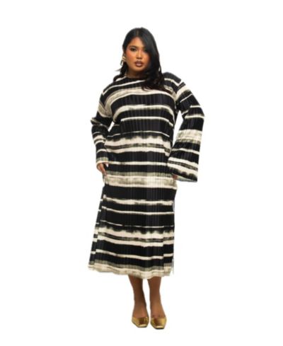 FASHION-SZN CURVE Women's Long Sleeved Striped Plisse Midi Dress