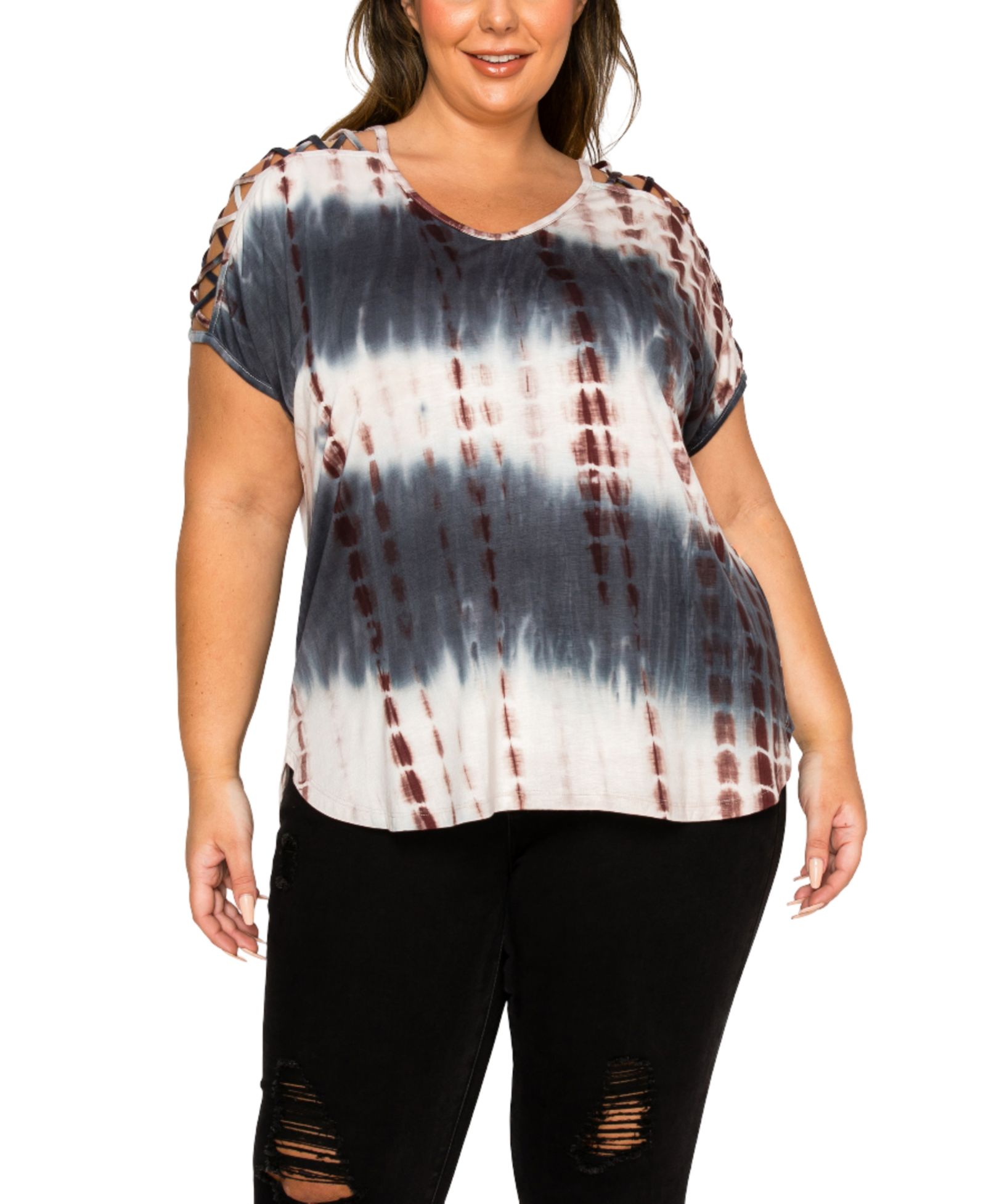 COIN 1804 Plus Size Tie Dye Lattice Sleeve Dolman T-Shirt