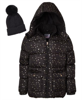Kensie Girl Big Girls' Foil Dot Puffer Jacket with Beanie